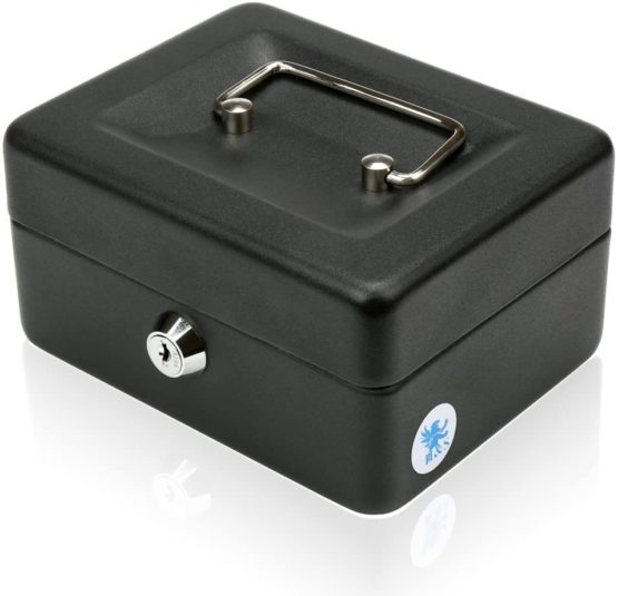 H&S Money Box Tin 6" Steel Cash Safe Box Petty Cash Deposit Tin with Lock 2 Keys - Black
