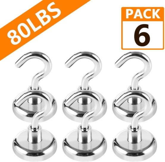 Magnetic Hooks Strong - Diameter 32mm Heavy Duty Neodymium Hanging Magnetic Hook for Fridge 6 Packs, 80lb Super Strong Magnetism Hook for Cruising
