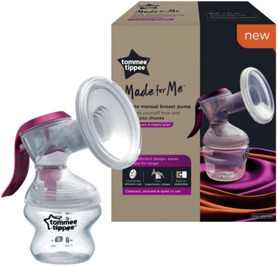 Tommee Tippee Manual Breast Pump with soft, cushioned silicone cup and narrow neck for hand strain reduction