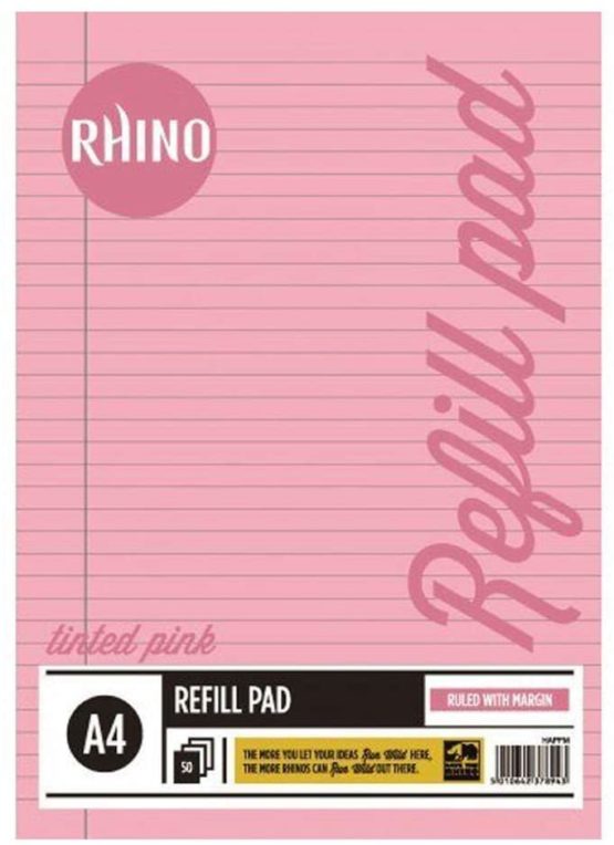 RHINO Stationery Special Education A4 Refill Pad Pink Tinted Paper | 100 Page | 8mm Ruled with Margin School Notepad Premium Writing Paper