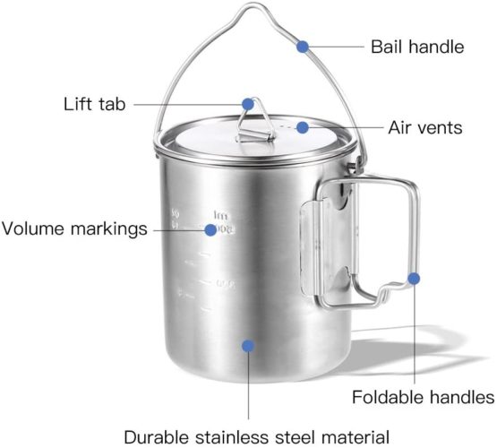 Lixada Camping Water Cup with Foldable Handles and Lid 750ml Stainless Steel Mug Hanging Pot for Camping Hiking Backpacking Picnic - Image 4