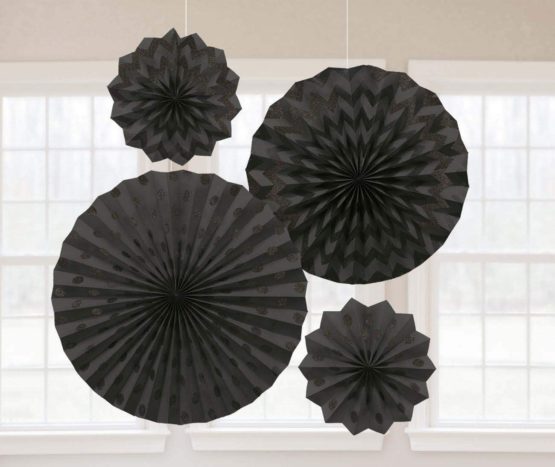 amscan 10022389 Black Hanging Paper Fans with Glittery Dots Design-4 Pcs