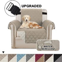 BellaHills Waterproof Sofa 1 Seater Cover Chair Protectors Cover for Living Room Non Slip Furniture Cover for Dogs/Pets, Checked Pattern Thick Quilted with Strap (1 Seater - Grey/Beige)