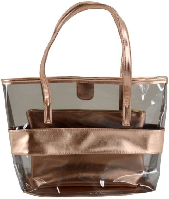 LA HAUTE Women Girls Summer Transparent Jelly Beach Tote Bags Vintage Print PVC Waterproof Swimming Shoulder Bags with Cosmetics Bags