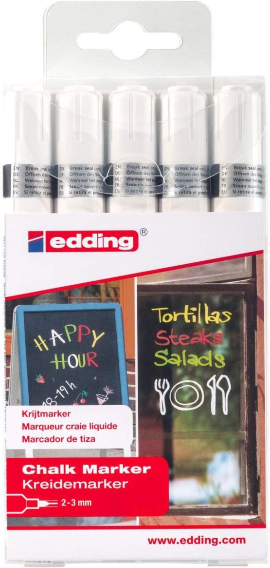 edding 4095 Chalk Marker Pen Set - White - 5 Chalk Pens - Round Tip 2-3 mm - Medium-Tipped Wet Wipe Pen for Chalkboards, Windows, Glass, Mirrors - Liquid Chalk Marker Pens for Opaque Coverage - Image 2