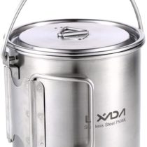 Lixada Camping Water Cup with Foldable Handles and Lid 750ml Stainless Steel Mug Hanging Pot for Camping Hiking Backpacking Picnic