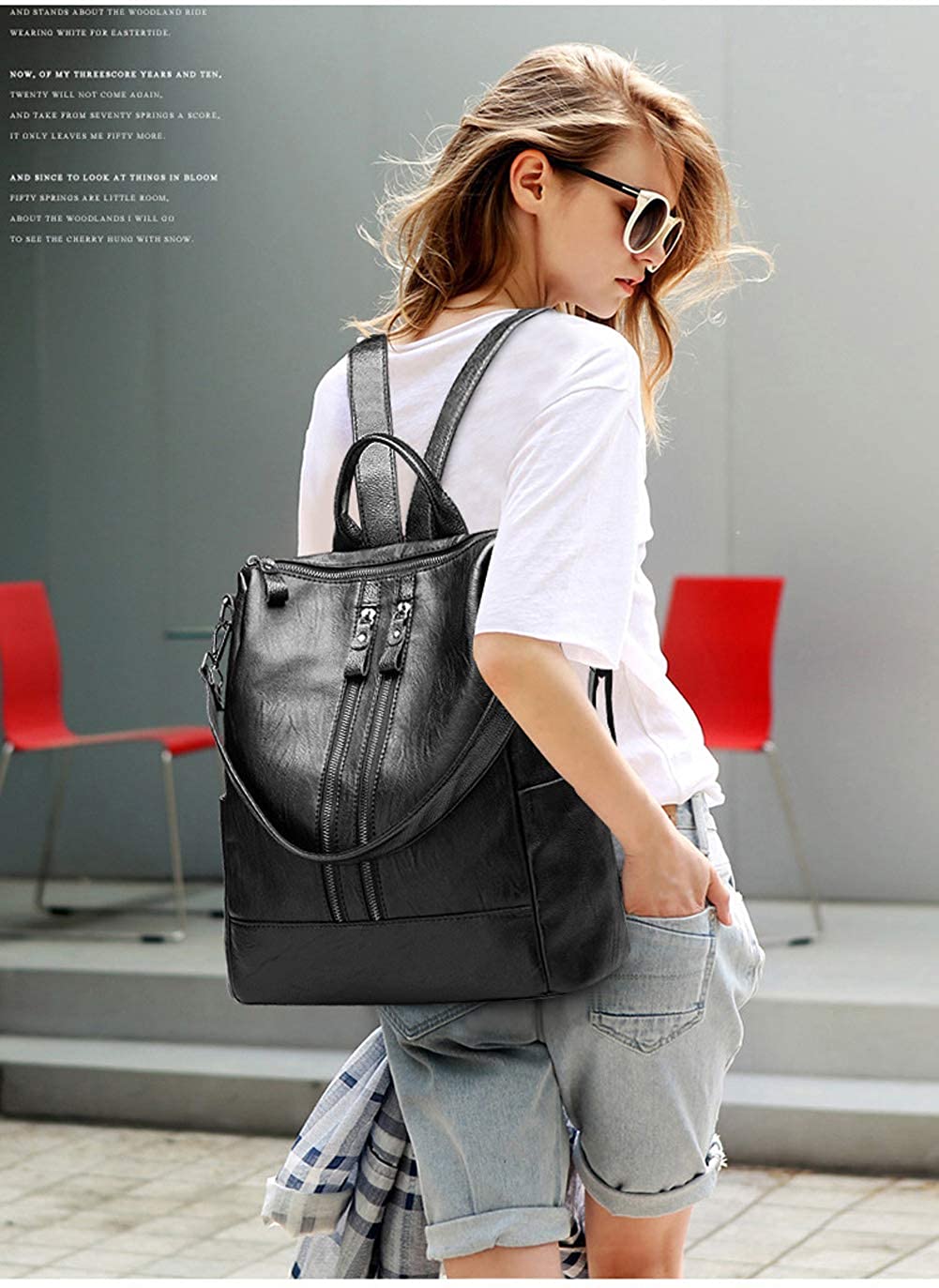 Dreneco Classical Black Backpack For Women Girls PU Leather Women Backpack Fashion School Bag - Image 2