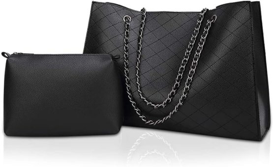 NICOLE&DORIS Women Fashion Shoulder Bag 2 Pcs Set Purse Large Tote Bag Handbags Chain Bag Black
