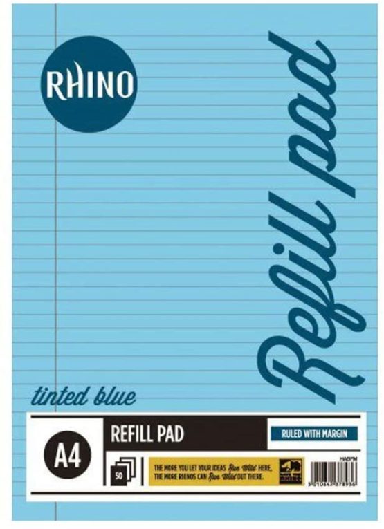 RHINO Stationery Special Education A4 Refill Pad Blue Tinted Paper | 100 Page | 8mm Ruled with Margin School Notepad Premium Writing Paper