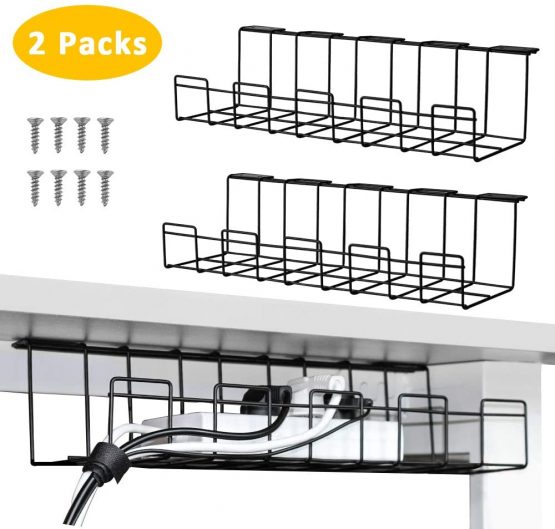 2 Packs Cable Management Tray, 40cm Under Desk Cord Organizer for Wire Management, Metal Wire Cable Holder for Desks, Offices, and Kitchens (Black)