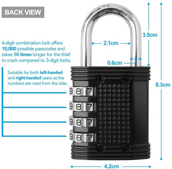 Padlock 4 Digit Combination Lock - for Gym School Locker, Outdoor Gate, Shed, Fence, and Storage - Weatherproof Metal - Keyless, Easy to Set, Resettable - Black - Image 2