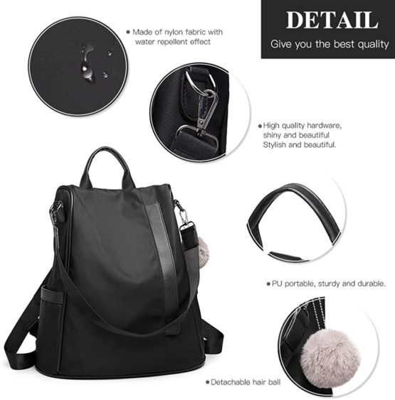 Miss Lulu Women's Backpacks Fashion Rucksack Shoulder Bags Nylon with Casual Anti-Theft (Black) - Image 3