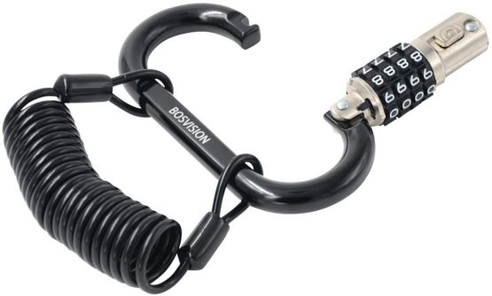Bosvision 4-digit combination carabiner/karabiner padlock, hook padlock, helmet padlock, D ring padlock with 150cm coiled steel leash cable - Image 2
