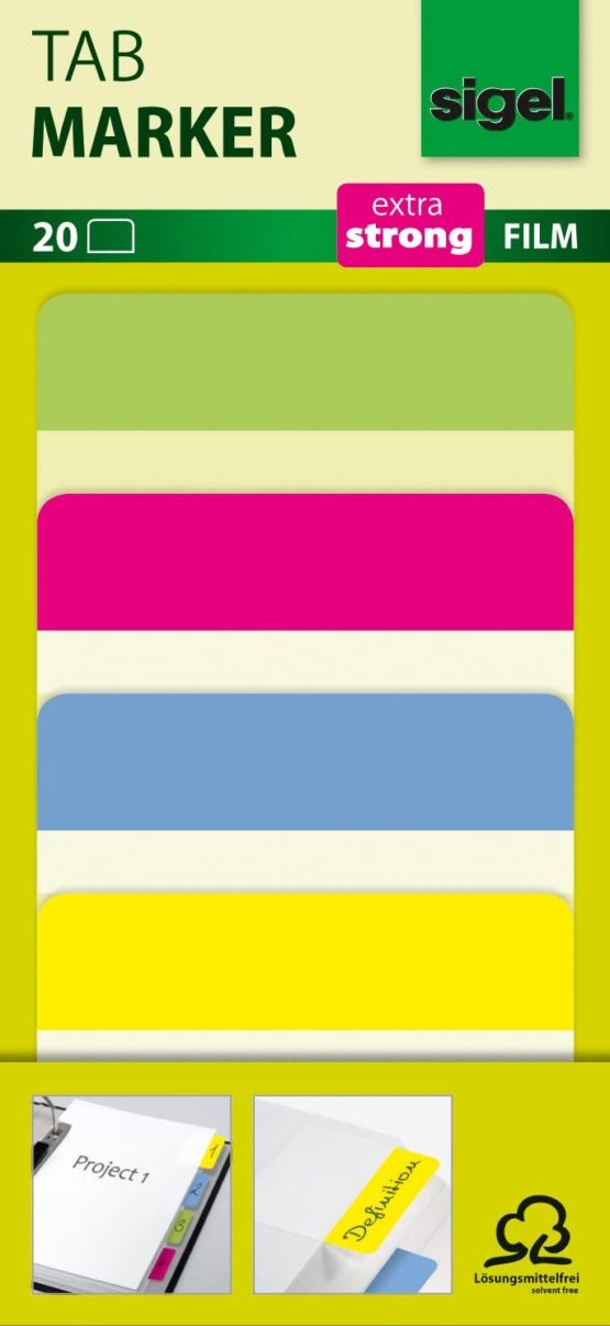 SIGEL HN204 Tab Marker Modern, extra strong, 4 x 5 sheets, lemon/pink/blue/yellow