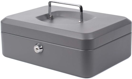 PAVO Premium 10-Inch Metal Cash Box with 2 Keys and Removable Change Tray - Dark Grey