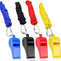 IKR 4 Packs Plastic Whistles With Lanyard Set For Coach Referee Sports Match Survival Emergency 4 Colors Black Blue Yellow Red