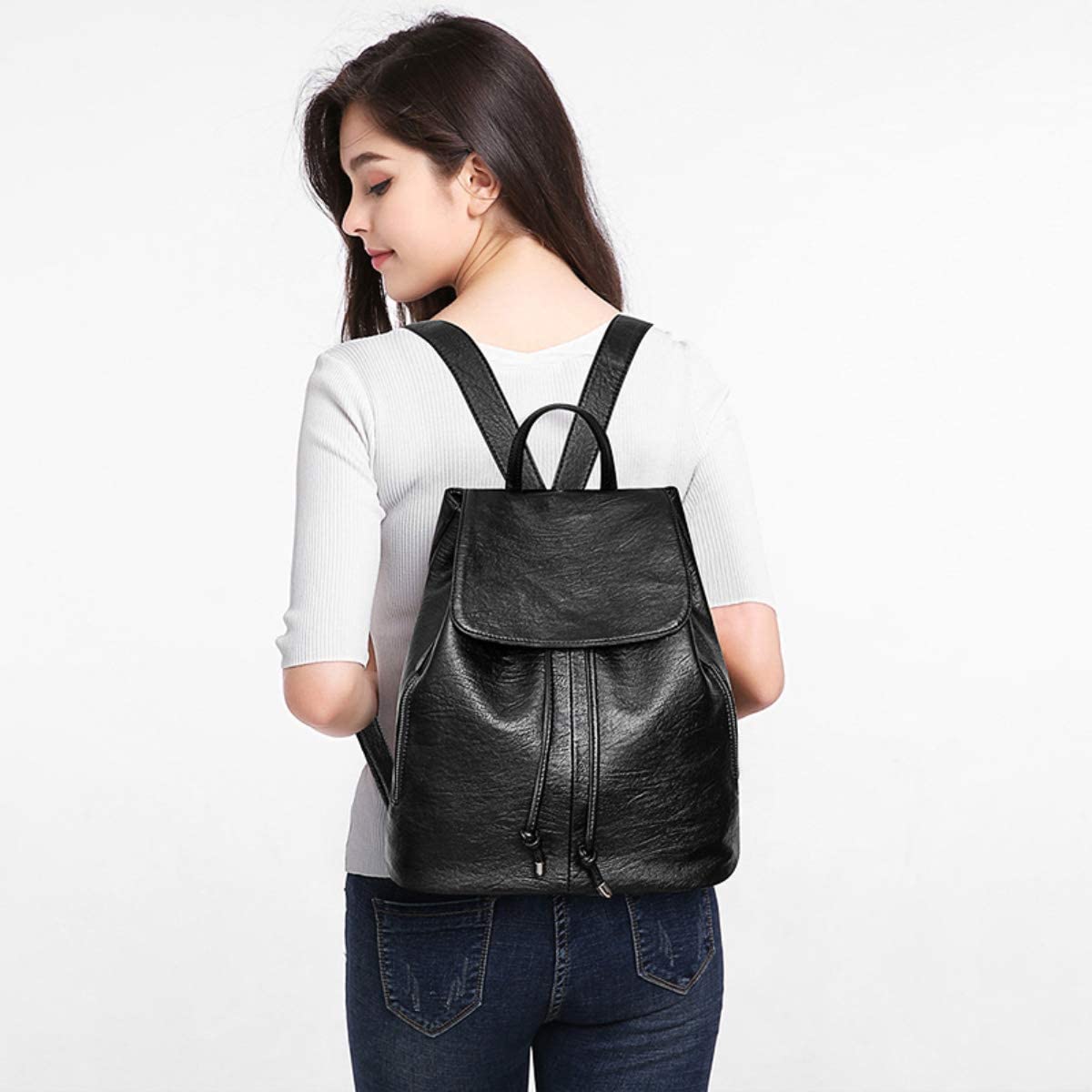 Monitika Women Backpack Leather Waterproof Fashion Drawstring Anti-theft Rucksack Travel Casual Bags Black - Image 2