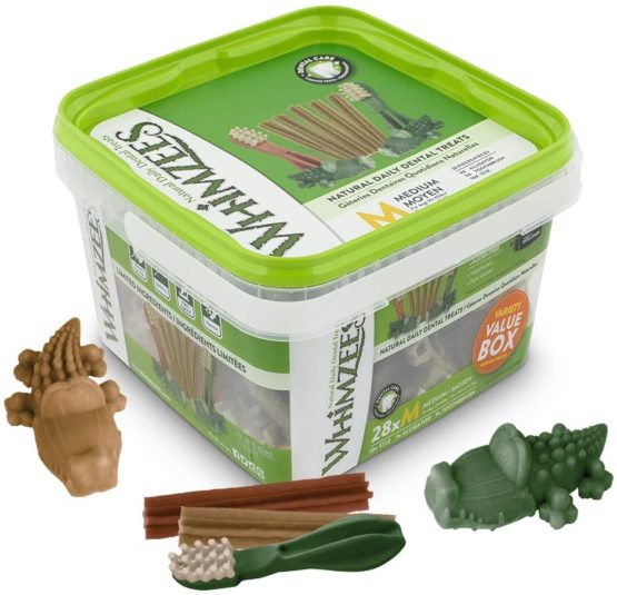 Whimzees Natural Dental Dog Chews Long lasting, Variety Box Mixed Shapes, Medium, 28 Pieces