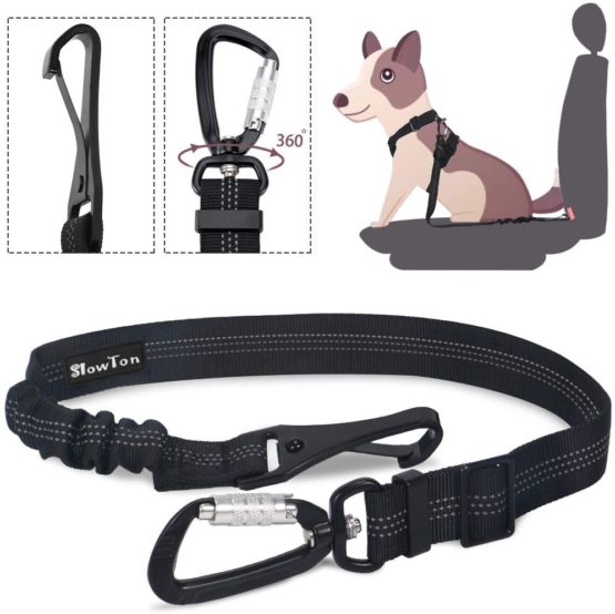 SlowTon Dog Seatbelt, Pet Car Seat Belt Latch Bar Attachment Lockable Swivel Carabiner for Small Medium Large Dogs Adjustable Elastic Bungee Safety Belt with Reflective Stitching Connect Harness…