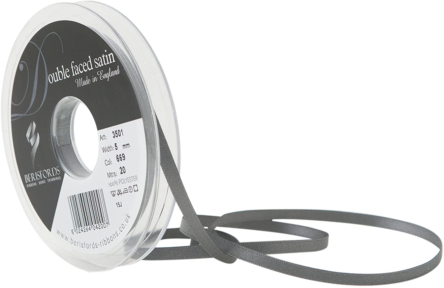Berisfords Double FACE Poly Satin Ribbon, Smoked Grey, 5 mm