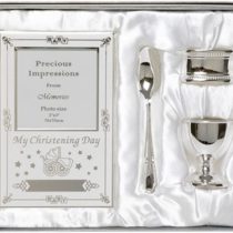 Beautiful Boxed Silver Plated Christening Day Gift Set - 4-Piece, Includes Egg Cup, Spoon, Baby Photo frame, Napkin Ring in Presentation Gift Box.