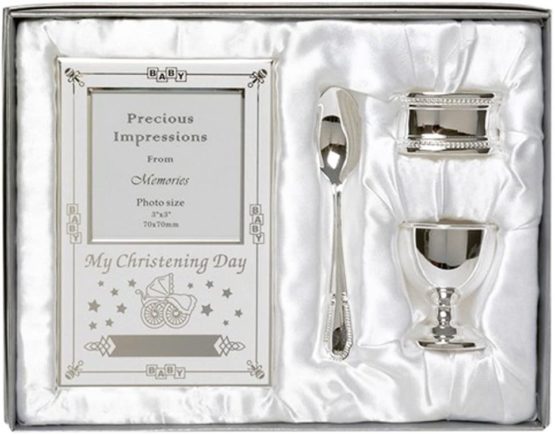 Beautiful Boxed Silver Plated Christening Day Gift Set - 4-Piece, Includes Egg Cup, Spoon, Baby Photo frame, Napkin Ring in Presentation Gift Box.