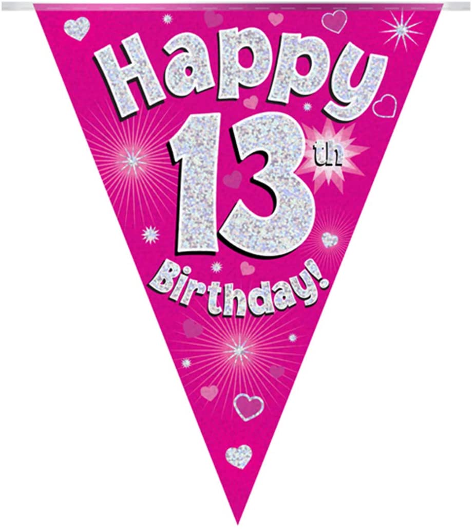 Party Bunting Happy 13th Birthday Pink Holographic 11 flags 3.9m