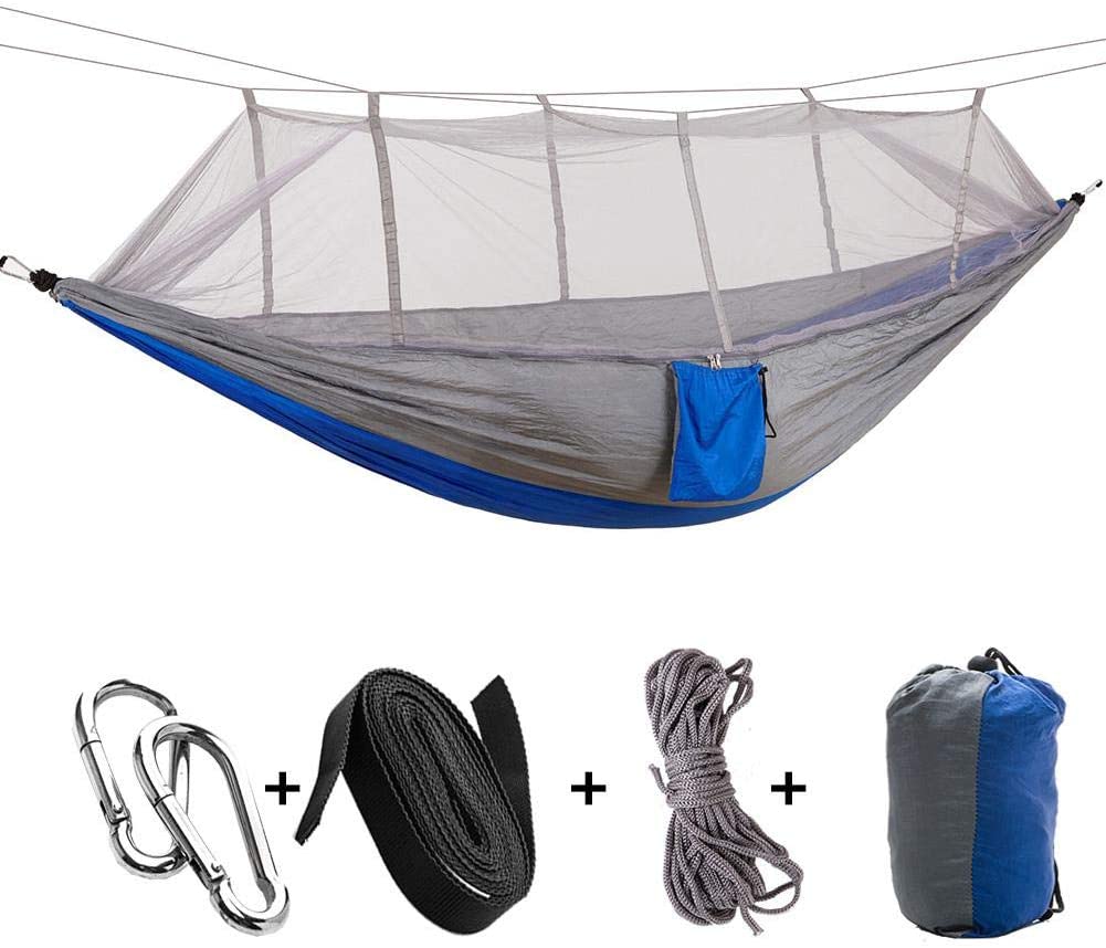 Portable Camping Travel Hammock Hanging Bed with Mosquito Net for Outdoor Hiking Backpacking Travel(Gray + Blue)