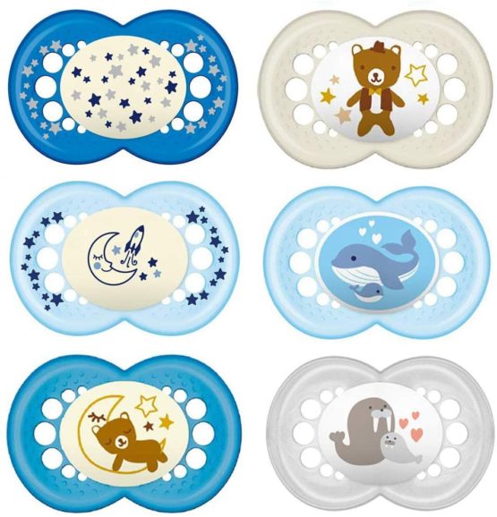 MAM SkinSoft Silicone Soothers 6-16 moths Day & Night, 6 pieces, 3 travel boxes