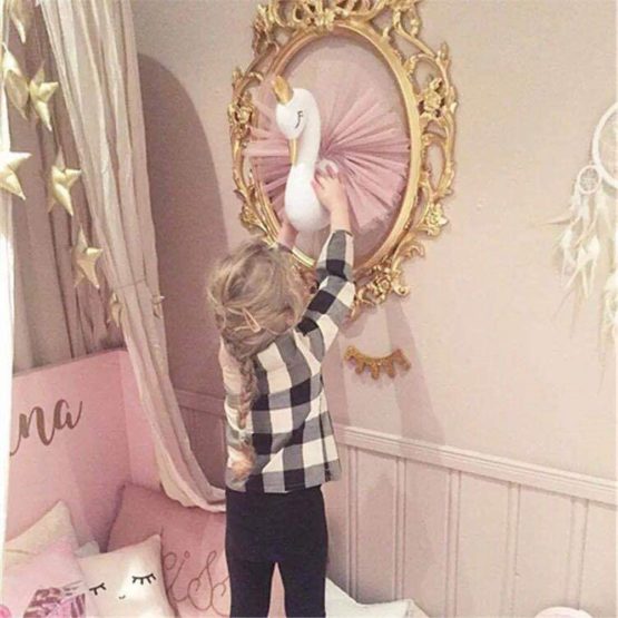 3D Gold Crown Swan Head Gauze Dress Wall Art Hanging for Nursery Kids Room Decoration Girls Gift Room Bedroom Playroom - Image 3