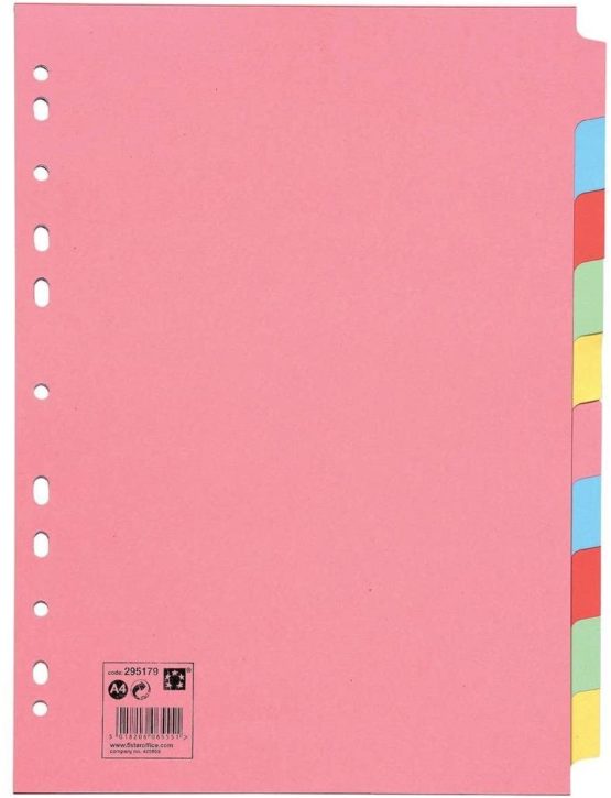 5 Star Office Subject Dividers Multipunched Manilla Card 10-Part A4 Assorted