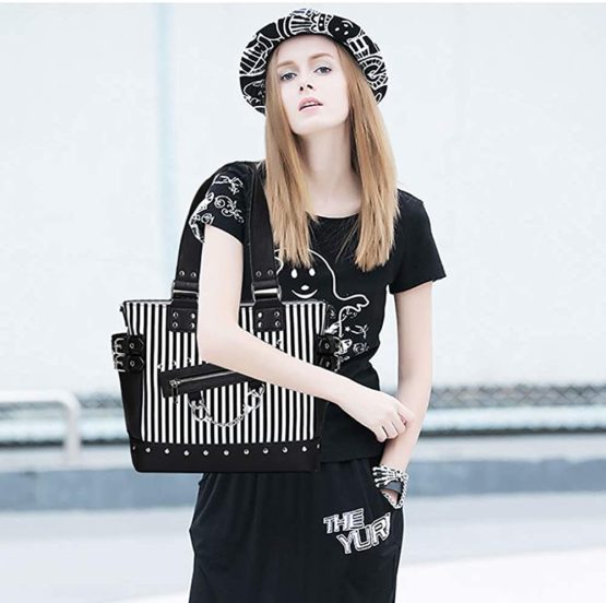 Women Fashion Rivet Handbag Purse Canvas Punk Tote with Shoulder Strap Crossbody Bag Large Capacity - Image 2