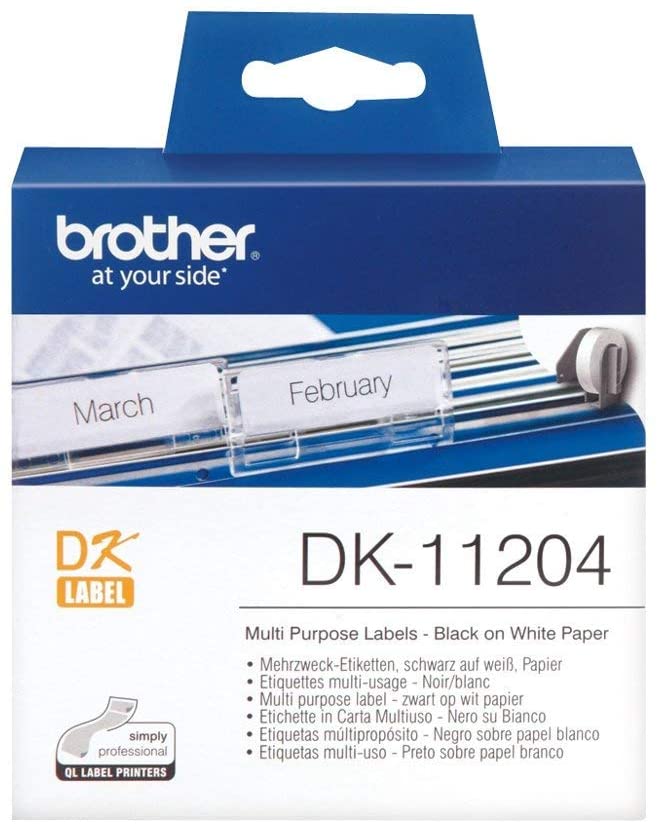 Brother DK-11204 Label Roll, Multi Purpose Labels, Black on White, 400 Labels, 17 mm (W) x 54 mm (L), Brother Genuine Supplies