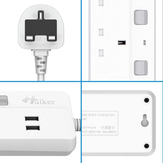 Hulker Extension Lead with USB slots Power Strips with USB ports 3 Way Outlets 2 USB Ports Surge Protection UK Plug with Fuse 13A Extension cord with Shutter 3 Way +2 USB - Image 2
