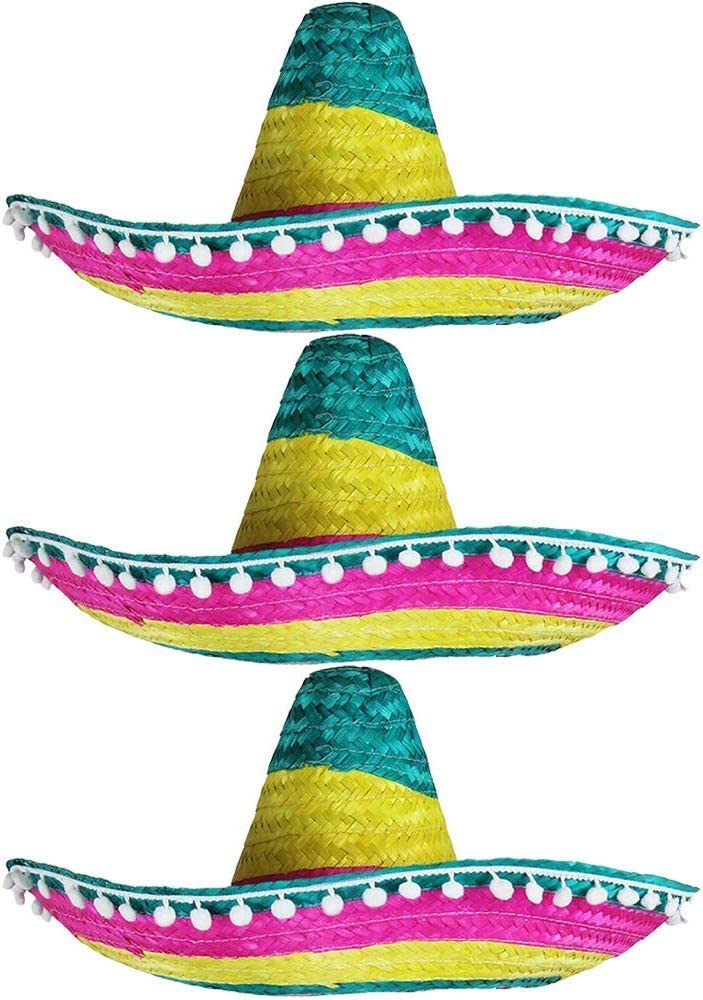 Pack of 3 Kids Multicoloured Mexican Sombrero Hats, Traditional Rainbow Straw Sombreros with Pom Pom Trim - Image 2