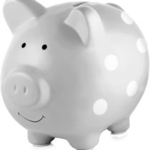 Pearhead Large Ceramic Piggy Bank, Keepsake Ceramic Money Box, Polka Dot, Grey, Money Box , Makes a Perfect Unique Gift, Nursery Décor 40106