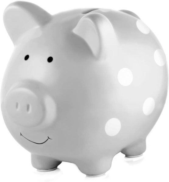 Pearhead Large Ceramic Piggy Bank, Keepsake Ceramic Money Box, Polka Dot, Grey, Money Box , Makes a Perfect Unique Gift, Nursery Décor 40106