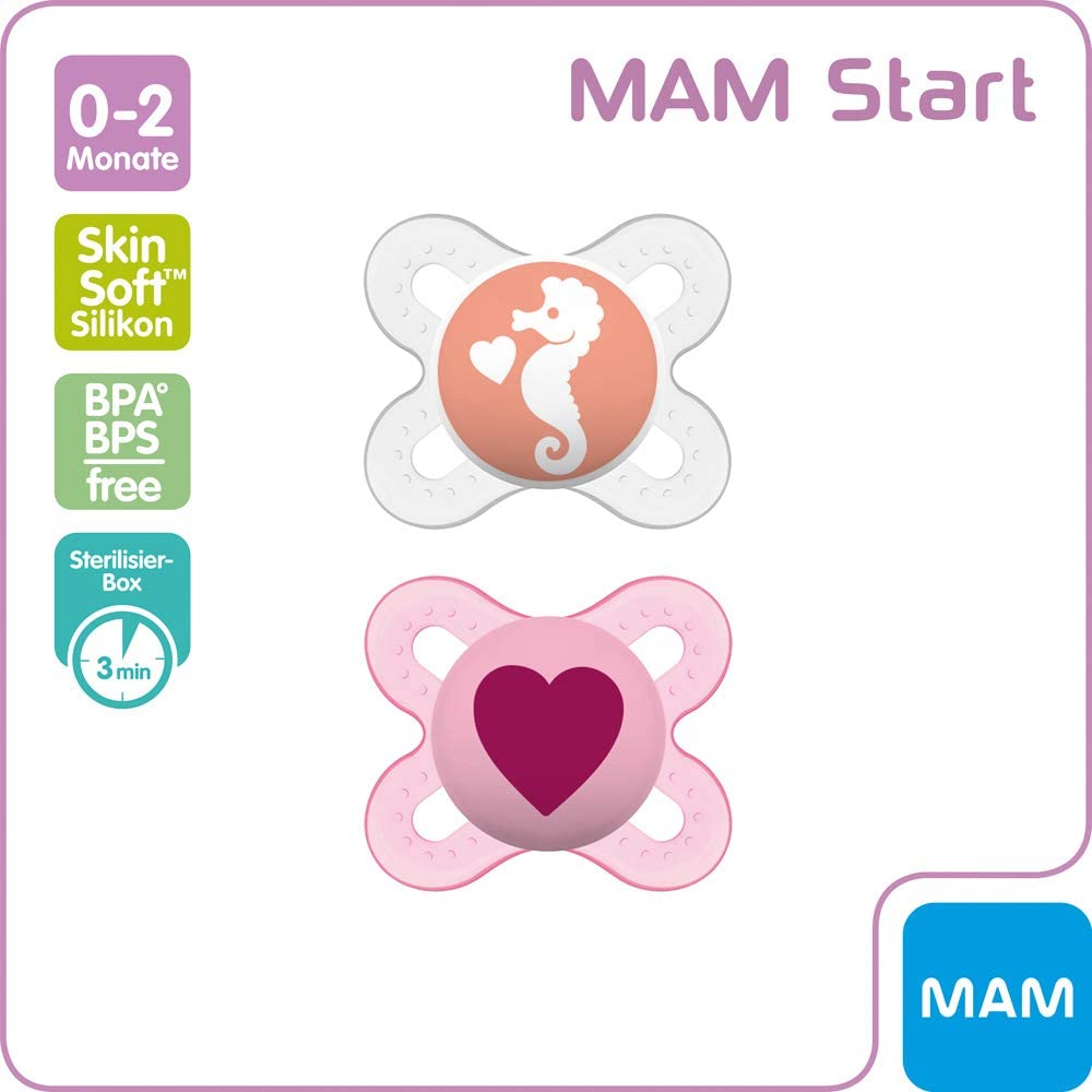 MAM Skin Soft Silicone Dummy Start Especially for Premature and Newborns Extra Small // 0-2 Months Girl //Day & Night Ppack of 4 (2+2) // Includes 2 Sterilised Transport Boxes - Image 3