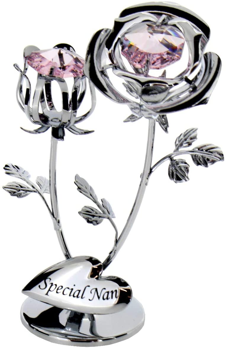 Crystocraft Chrome Plated Rose & Rose Bud Ornament. (Special Nan), Silver, 4x8 cm