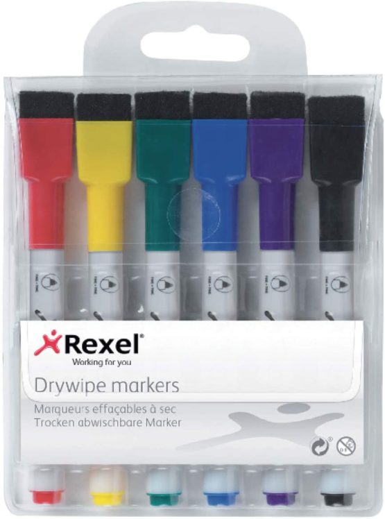 Rexel Dry Erase Markers, Pack of 6, Assorted Colours, 1903792