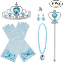Vicloon Elsa Dress Up Accessories Set of 9, Elsa Gloves, Princess Crown, Ring, Earring, Magic Wand and Necklace (Blue)
