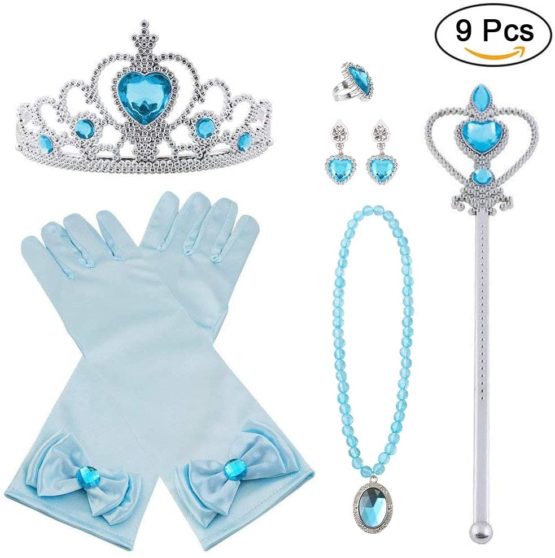 Vicloon Elsa Dress Up Accessories Set of 9, Elsa Gloves, Princess Crown, Ring, Earring, Magic Wand and Necklace (Blue)