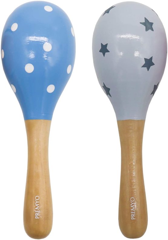 PREMYO Baby Rattle Maracas - Wooden Musical Instruments for Toddlers - Newborn Sensory Toys - Dots Stars Blue Grey - Image 3