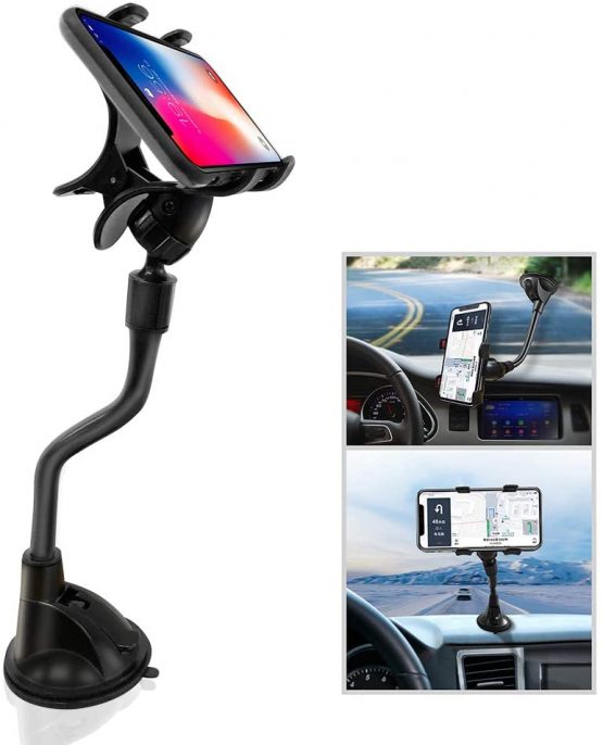 Ipow Upgrade Suction Cup Dashboard Phone Holder Windshield Car Mount Cradle with Strong Gooseneck X-Shaped Double Clamp Compatible with iPhone X / 8(plus) / 7(plus) / 6s / 5 / Samsung S9 S8 S7 etc.