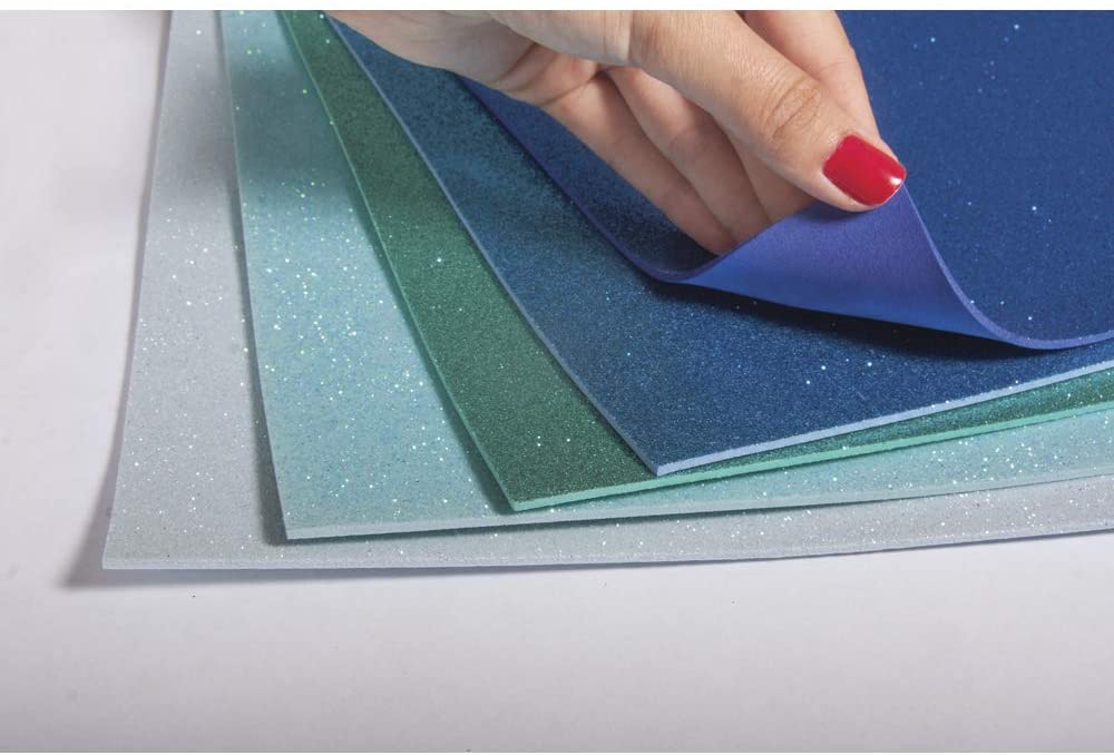 Rayher Set of Five Self-Adhesive Glitter Foam Sheets, Peel and Stick Craft Foam Sheets in Blue and Green Shades, 20x30cm, 75438999 - Image 2