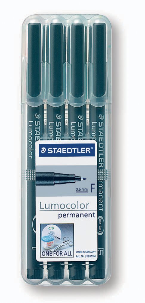 Staedtler Lumocolor 318-9WP4HZ Permanent Overhead Marker Fine Pack of 4 in Box with Stand Function Black, 4 count (Pack of 1)