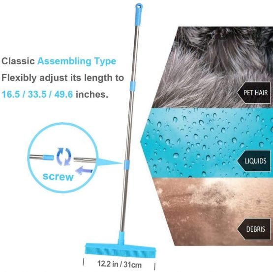 Lanhope Push Broom Rubber Bristles Sweeper Squeegee Edge with 51 inch Adjustable Long Handle Non Scratch Bristle, Indoor Outdoor Broom for Pet Cat Dog Hair Carpet Hardwood Tile Windows Cleaning (Blue) - Image 2