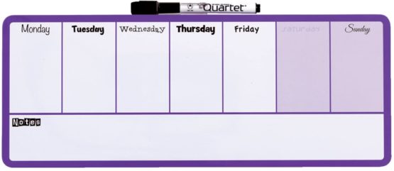 Rexel Weekly Organiser Dry Wipe Personal Whiteboard, Magnetic, 360 x 140 mm, Purple Plastic Frame, Includes Marker and Fitting Kit, White, 1904048