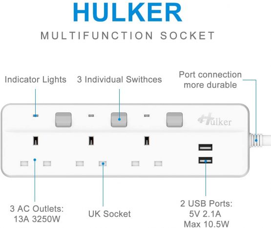 Hulker Extension Lead with USB slots Power Strips with USB ports 3 Way Outlets 2 USB Ports Surge Protection UK Plug with Fuse 13A Extension cord with Shutter 3 Way +2 USB - Image 4