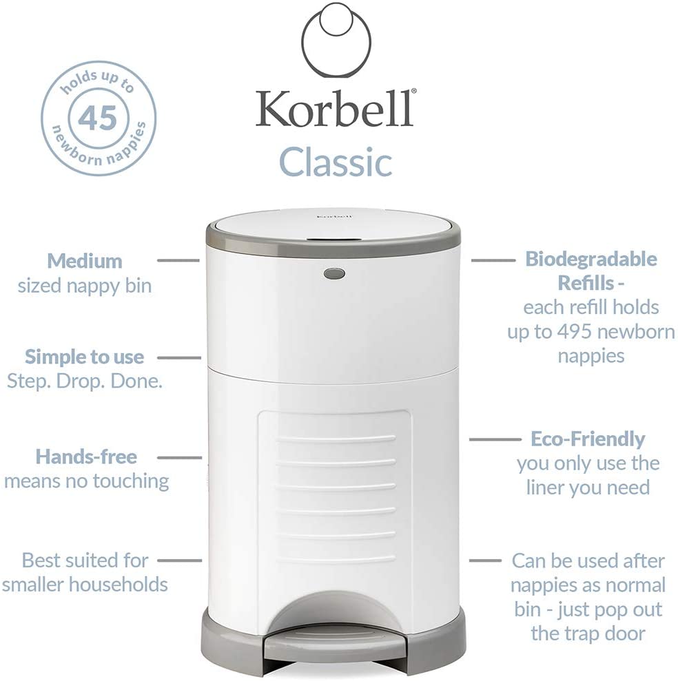 Korbell Classic Nappy Bin & Disposable Liner Bundle Lasting Up to 10 Months 44 Weeks Hygienic